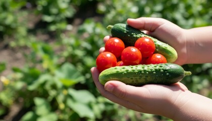 Naklejka premium Vibrant Fruits In Garden Scene, Juicy Cherry Tomatoes And Cucumbers Freshly Picked From Garden, Detailed View Of Freshly Harvested Cherry Tomatoes And Cucumbers From Home Garden