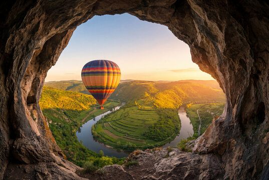 Hot air balloon floating over river bend seen through rocky cave opening