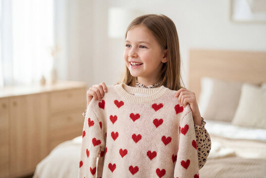 Smiling young girl holding a beige sweater with red hearts in a bedroom