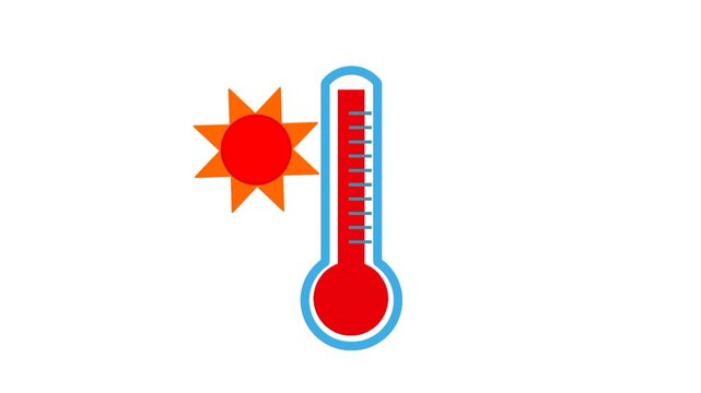 Animated thermometer with sun icon showing high temperature for summer season and hot weather concept