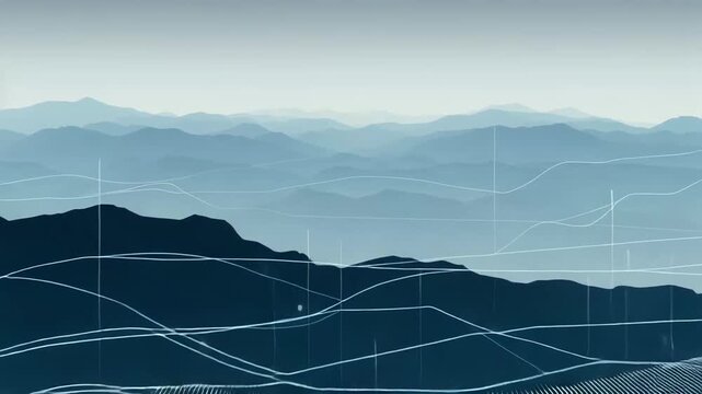 Abstract digital landscape featuring layered mountain ranges blending with flowing data lines, connecting technology patterns, and glowing points across a serene blue backdrop