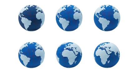 six pixelated blue globes of earth isolated on white illustrative representation of global themes concepts education design and environment