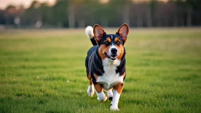 Cute Corgi Dog Running on Green Grass Field in Slow Motion Outdoor Park