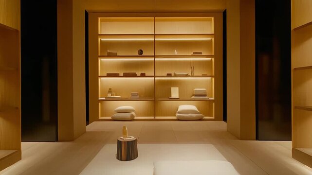 Peaceful room featuring illuminated wooden shelves displaying decorative items and books, with floor cushions and a low bed creating a calming, uncluttered environment perfect for mindfulness