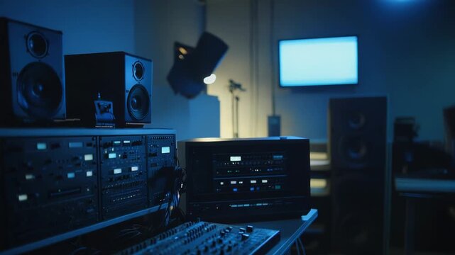 Professional audio production workspace with mixing console, studio monitors and rack gear bathed in blue light, showcasing a modern music production and sound engineering setup