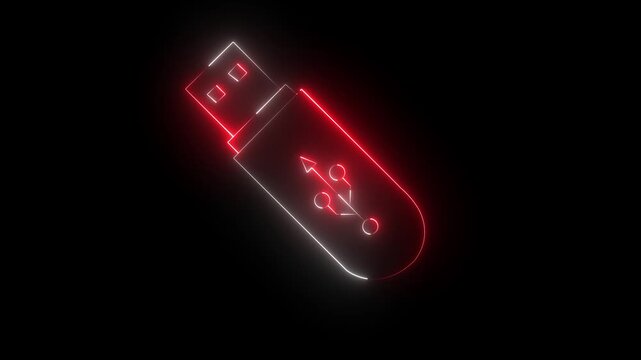 Glowing neon USB pen drive icon isolated on black background. USB drive icon animation. Security, safety, protection concept. USB flash drive icon neon animation