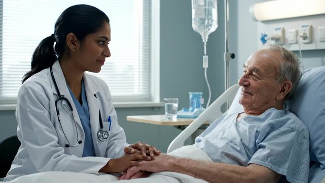 Doctor woman holding hand of senior man in hospital bed. Healthcare support and medical care for an elderly patient.