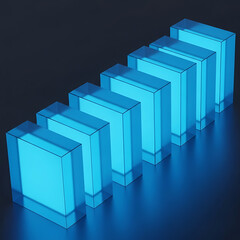Blue glass blocks in a row on dark background cubes transparent