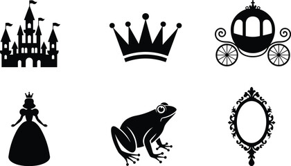 Fairy tale black silhouette vector collection featuring castle, royal crown, princess, magic carriage, frog prince, and ornate mirror isolated on white background. © Mahmud's World