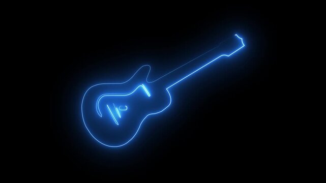 Glowing neon guitar icon animation music neon icon with line design isolated Eye-Catching Neon Electric Bass Guitar animation on black background.