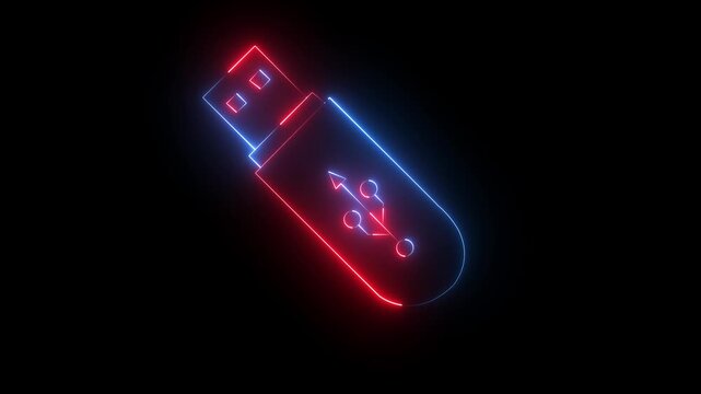 Glowing neon USB pen drive icon isolated on black background. USB drive icon animation. Security, safety, protection concept. USB flash drive icon neon animation