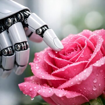 Futuristic robot hand gently touching a real rose flower representing AI and nature harmony