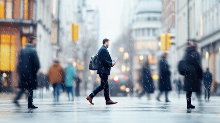 Fototapeta premium People walking away down wet city street, blurred crowd and bokeh lights in background, conveying urban business movement.