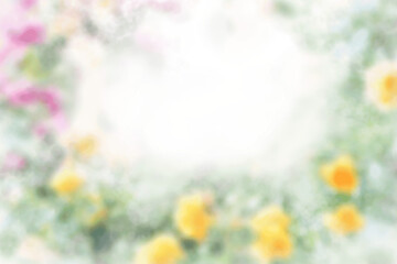Obraz premium Cheerful Yellow Rose and Pink Blossom Border with Soft Green Pastel Background and Romantic Spring Garden Frame with Airy Copy Space