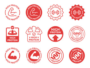 High Protein Food Label and Nutrition Badge Red Icon Set