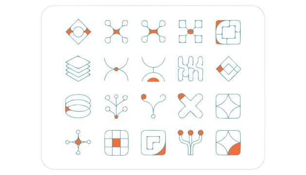A collection of abstract icons representing various concepts and objects in a grid layout, viewed from directly above