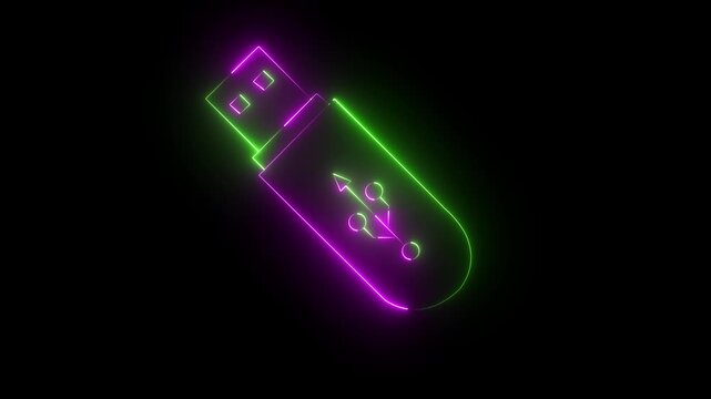 Glowing neon USB pen drive icon isolated on black background. USB drive icon animation. Security, safety, protection concept. USB flash drive icon neon animation