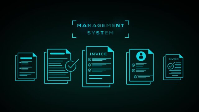 A sequence of five cyan line illustrating document and invoice management with checkmarks and a user profile symbol, overlaid with the text MANAGEMENTSYSTEM on a dark technological