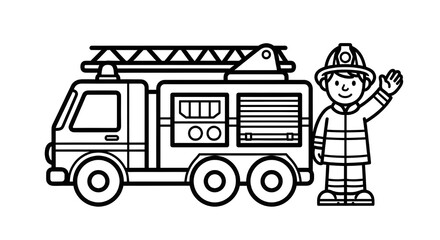 Hand Drawn fire fighter Coloring Book Illustration Designs &ndash; Detailed Black and White Line Art Pages for Kids and Adults