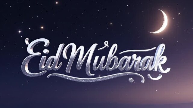 Elegant Eid Mubarak greeting with shimmering silver calligraphy against a starry night sky featuring a glowing crescent moon and subtle atmospheric light effects