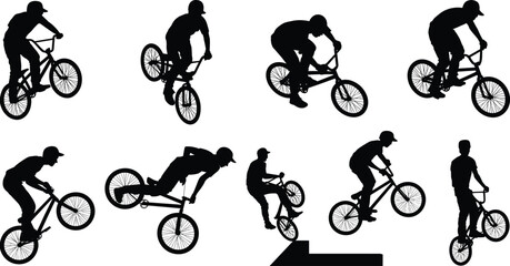 Naklejka premium BMX rider silhouette collection, freestyle bicycle stunt tricks isolated vector set for extreme sports design