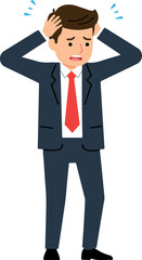 Fototapeta premium Stressed Businessman Blue Suit Red Tie Panicked Hands On Head Flat Design