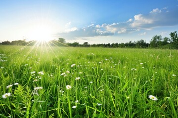 Obraz premium Bright Sunbeams Shining over a Lush Green Meadow with Wildflowers under a Clear Blue Sky in Summer