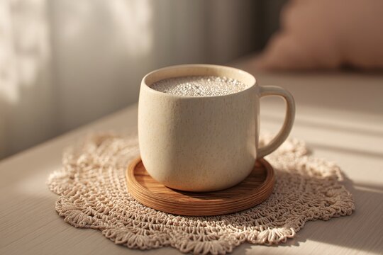 Cozy Morning Coffee Mug on Lace Coaster with Soft Sunlight