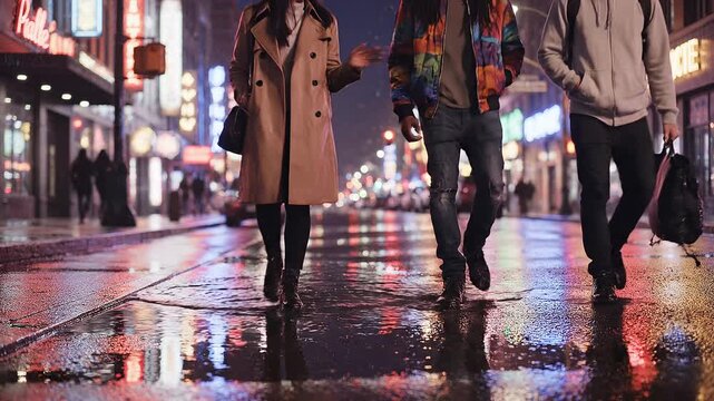 Stylish friends walking on rainy city street at night with colorful neon reflections urban lifestyle fashion and cinematic nightlife atmosphere