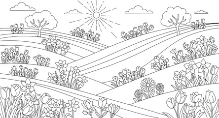Captivating black and white line art illustration showcasing a serene spring landscape filled with rolling hills, blossoming flowers, trees, sunshine, and clouds.