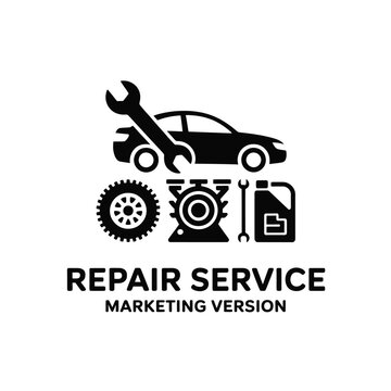 Automotive repair service logo featuring tools and a car silhouette