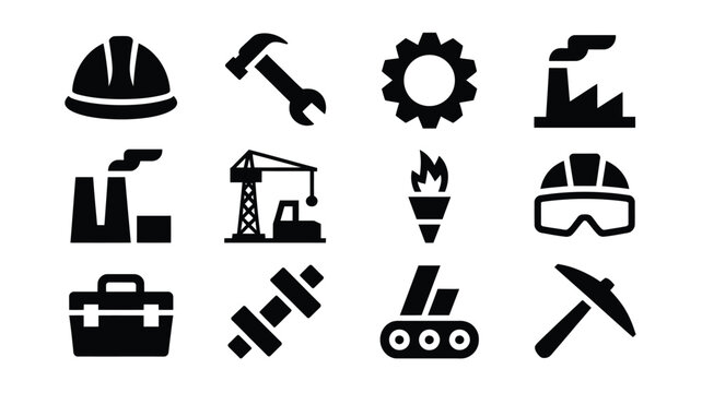 Industrial construction logo bundle featuring various work icons including hard hat hammer gear factory safety goggles and tools on white background for business and engineering design