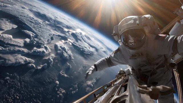 Cinematic astronaut performing spacewalk above earth space station video footage zero gravity rotating view realistic sunlight effects