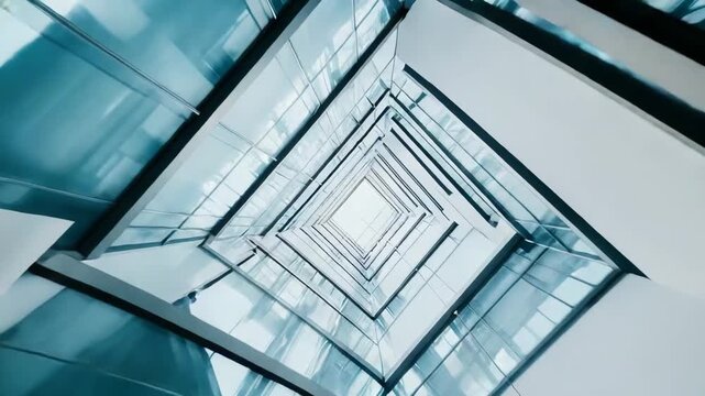 Modern building atrium offering an abstract upward view through multiple floors of glass and steel railings, creating a repeating square pattern and a sense of depth and progress