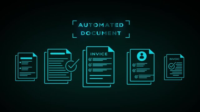 Automated document processing system illustrated with cyan line for various documents and a central text on a dark background