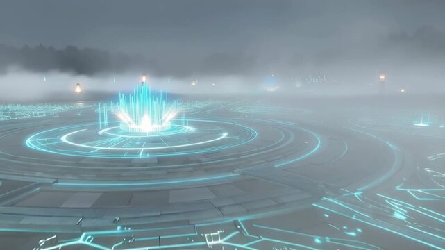 Futuristic holographic garden aerial view enchanted nightscape digital art serene atmosphere elegant palace in distance