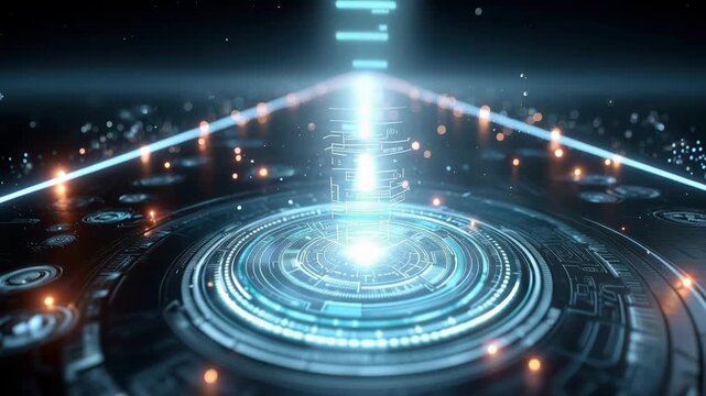 Futuristic holographic interface projecting light beams sci-fi environment ultra realistic cinematic view dynamic particles
