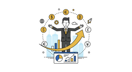 A businessman manages global finance and growth with digital technology