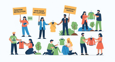 People protesting for sustainable fashion with signs and clothing