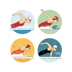 Fototapeta premium Four swimmers in circular frames showing different swimming styles and backgrounds woman female