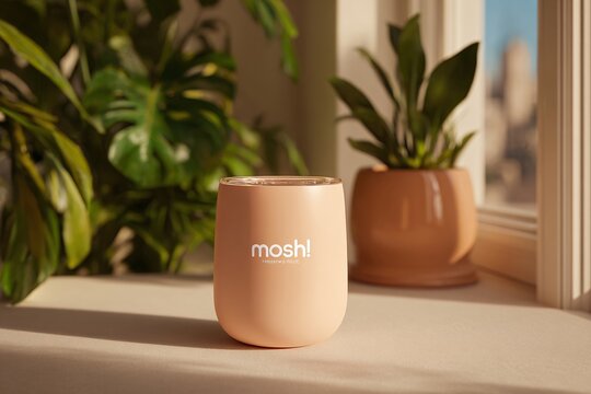 Moshi Travel Mug on Sunny Windowsill with Plants, Soft Morning Light