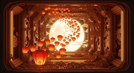 Traditional Chinese Room with Moon and Lanterns