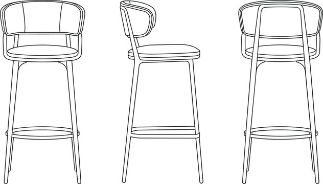 Modern Bar Stool Technical CAD Drawing, Front Side and Back View Flat Vector Furniture Design Illustration Template