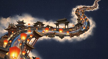 Winding Road with Chinese-Style Buildings and Lanterns