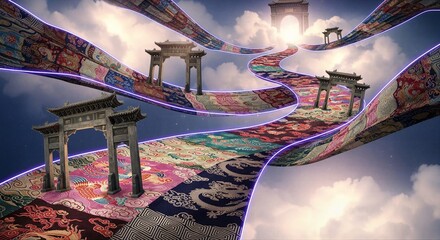 Colorful Winding Path with Chinese Archways