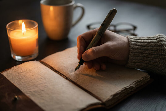 Person writing in journal by candlelight at night