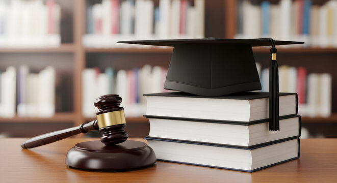 Law and education symbolism with gavel graduation cap and stacked books