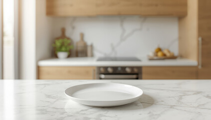 Obraz premium Bright marble countertop white plate modern kitchen interior with warm light