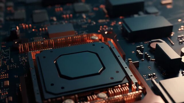 Microchip on a sophisticated circuit board forming the core of computing and artificial intelligence systems, enabling high performance calculations and digital communication