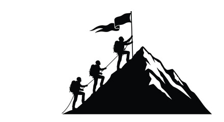 Hikers ascending a mountain peak planting a flag depicted in a striking silhouette © Jewel